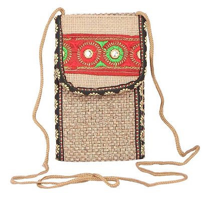 Rajasthani purse made up of jute with beautiful embroidery work on it, comes with a string to use it as sling bag.